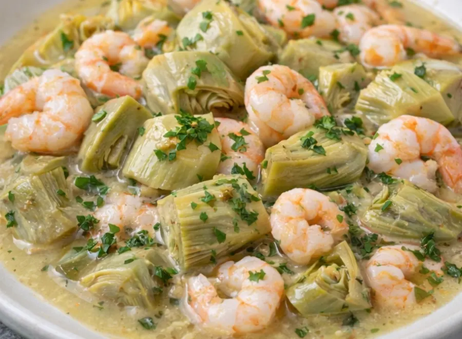 Alcachofas con gambas- Receta 161