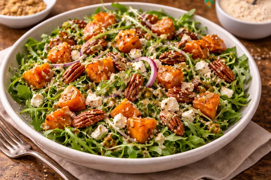 Ensalada templada de rúcula, boniato asado, feta y vinagreta de tahini- Receta 213