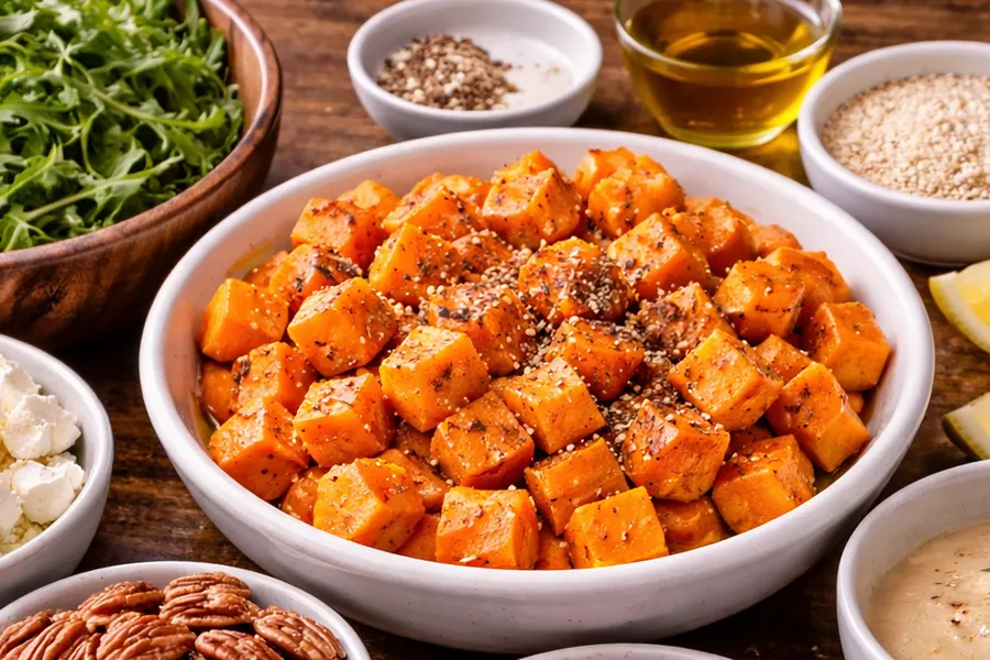 Foto 2 Ensalada templada de rúcula, boniato asado, feta y vinagreta de tahini